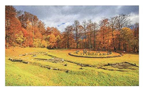 Lunarable Autumn Doormat- Fall Garden Landscape in a Romanian National Park Sanctuary Peaceful Calm View- Decorative Polyester Floor Mat with Non-Skid Backing- 30inch X 18inch- Orange Green