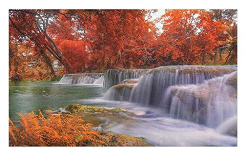 Lunarable National Parks Doormat- Exotic Cascade to Creek Enchanted Autumn Season with Faded Fall Leaves- Decorative Polyester Floor Mat with Non-Skid Backing- 30inch X 18inch- Orange White