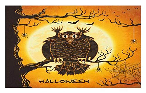 Lunarable Halloween Doormat- Spooky Owl Tree Branch Surrounded by Spider Web and Bats Fear Halloween Pattern- Decorative Polyester Floor Mat with Non-Skid Backing- 30inch X 18inch- Orange Black