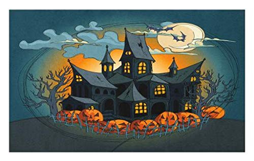 Lunarable Halloween Doormat- Medieval Haunted Castle with Garden Pumpkins Dark Clouds Scary Nights Print- Decorative Polyester Floor Mat with Non-Skid Backing- 30inch X 18inch- Orange Teal Lunarable Halloween Doormat- Medieval Haunted Castle with Garden Pumpkins Dark Clouds Scary Nights Print- Decorative Polyester Floor Mat with Non-Skid Backing- 30inch X 18inch- Orange Teal