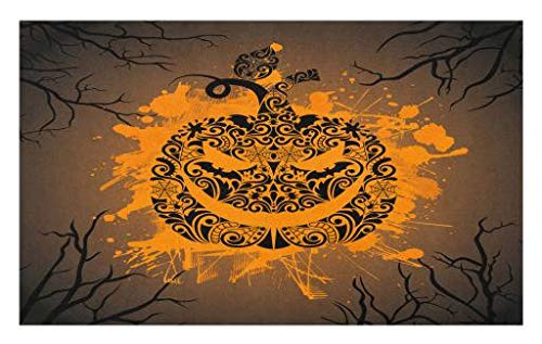 Lunarable Halloween Doormat- Engraved Jack o' Lantern with Warm Colored Splash Ghost Party Theme Art- Decorative Polyester Floor Mat with Non-Skid Backing- 30inch X 18inch- Orange and Brown