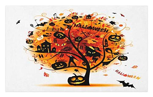 Lunarable Halloween Doormat- Distressed Horror Tree with Mystic Elements Skull Devil Scary Holiday Theme- Decorative Polyester Floor Mat with Non-Skid Backing- 30inch X 18inch- Orange Black