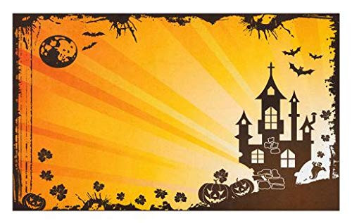 Lunarable Halloween Doormat- Grunge Scene with Haunted Gothic Castle Bats Ghost Theme Jack 'o' Lanterns Art- Decorative Polyester Floor Mat with Non-Skid Backing- 30inch X 18inch- Orange Black