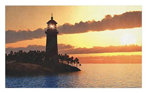 Lunarable Lighthouse Doormat- Sunset Lighthouse on Island in Sea Exotic Plants Trees Relaxation Resort- Decorative Polyester Floor Mat with Non-Skid Backing- 30inch X 18inch- Orange Dark Brown