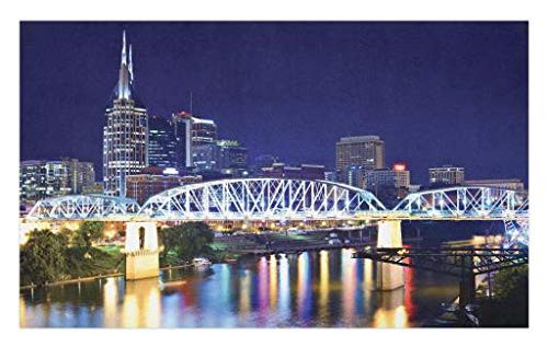 Lunarable Travel Doormat- Skyline of Downtown Nashville Tennessee USA Reflection Travel Destination Image- Decorative Polyester Floor Mat with Non-Skid Backing- 30inch X 18inch- Purple Green