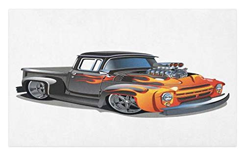 Lunarable Manly Doormat- Cartoon Hot-Rod Truck Antique Old Model Automobile Transport Nostalgia Illustration- Decorative Polyester Floor Mat with Non-Skid Backing- 30inch X 18inch- Orange Black Lunarable Manly Doormat- Cartoon Hot-Rod Truck Antique Old Model Automobile Transport Nostalgia Illustration- Decorative Polyester Floor Mat with Non-Skid Backing- 30inch X 18inch- Orange Black