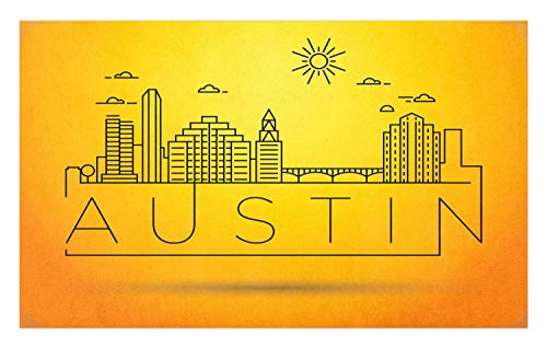 Ambesonne Austin Doormat- Minimal Texas City Linear Skyline with Typographic Design Doodled Sun- Decorative Polyester Floor Mat with Non-Skid Backing- 30inch X 18inch- Yellow and Orange