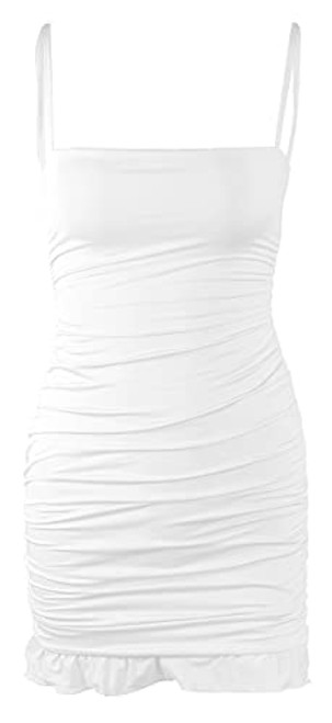 Guteidee Women's Sleeveless Dress Sexy Bodycon Party Dresses Strap Buttocks Ruffle Mini Club Dress White Medium