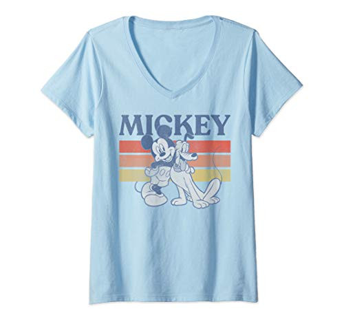 Womens Disney Mickey And Friends Mickey And Pluto Retro V-Neck T-Shirt