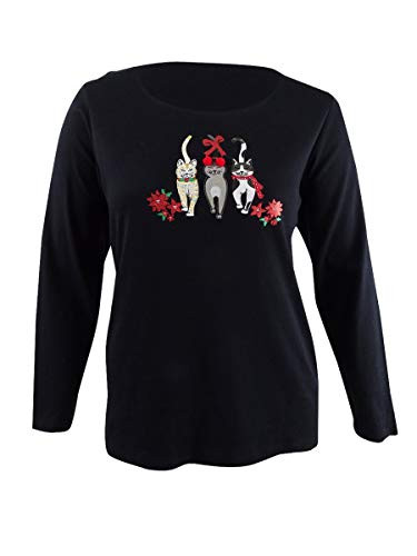 Karen Scott Women's Plus Size Cotton Holiday Cat Print Top -0X- Black-