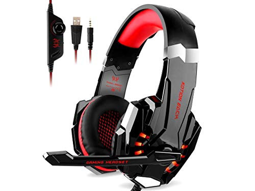 REDFIRE Stereo Gaming Headset for PS4- PC- Xbox One Controller- Noise Cancelling Over Ear Headphones Mic- LED Light- Bass Surround- Soft Memory Earmuffs for Laptop Mac Nintendo Switch Games -Red