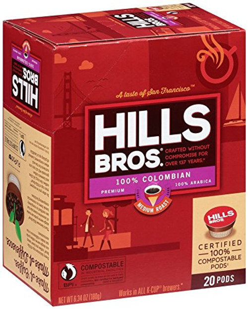 Hills Bros Single Serve Coffee Pods, Colombian Medium Roast - 100% Premium Arabica Coffee - Compatible with Keurig K-Cup Brewers (20 Count) Hills Bros Single Serve Coffee Pods, Colombian Medium Roast - 100% Premium Arabica Coffee - Compatible with Keurig K-Cup Brewers (20 Count)