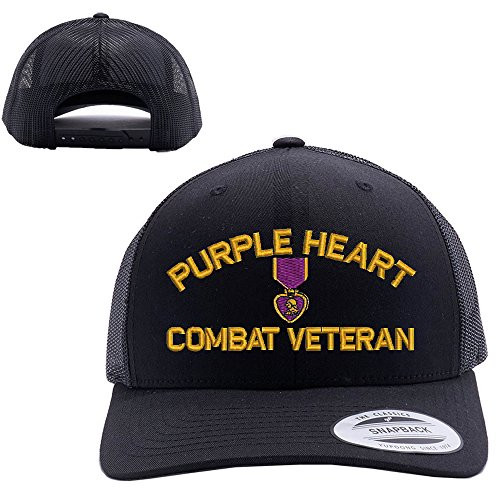 Purple Heart Combat Veteran MESH Trucker SNAP Closure Cap HAT Black