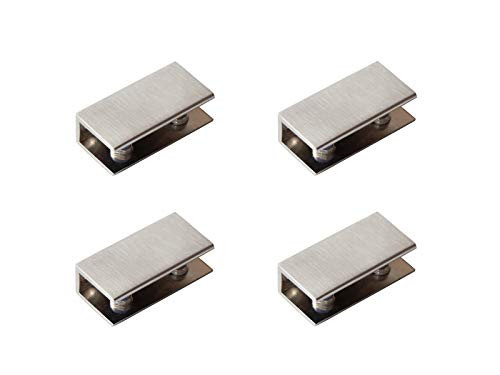 Glass Shelf Brackets Rectangular Shelf Clips Metal Clamps Brushed Nickel Wall Mounted Adjustable 6-10mm for Acrylic Wood (Set of 4)