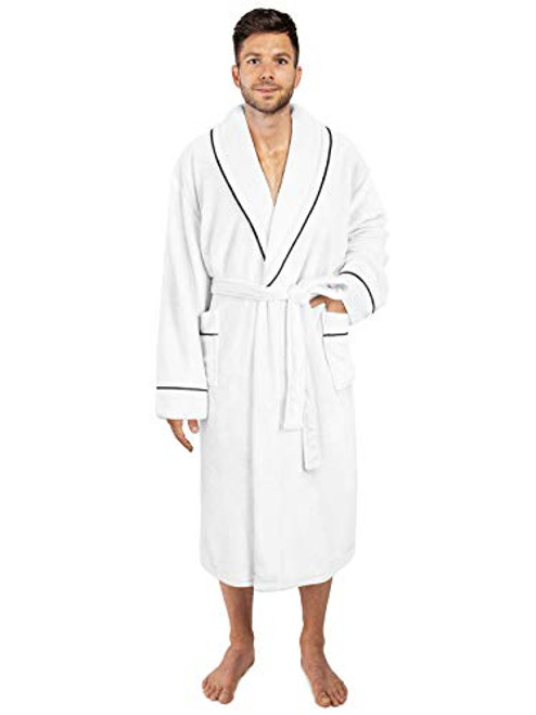PAVILIA Mens Soft Robe- White | Warm Fleece Robes for Men- Soft Spa Bathrobe with Piping- Shawl Collar- and Pockets -White-
