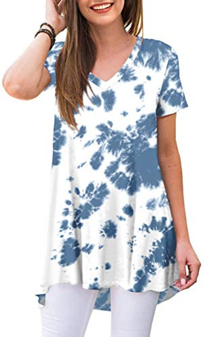 POPYOUNG Women's Summer Casual T-Shirt V-Neck Short Sleeve Tunic Tops for Leggings Loose Blouse Shirt XL- Blue Tie dye