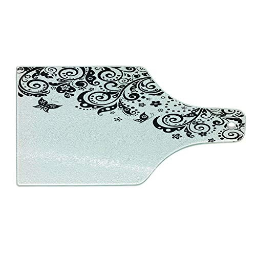 Lunarable Black and White Cutting Board- Damask Inspired Curlicues with Flowers and Dots Monochrome Abstract- Decorative Tempered Glass Cutting and Serving Board- Wine Bottle Shape- Black and White