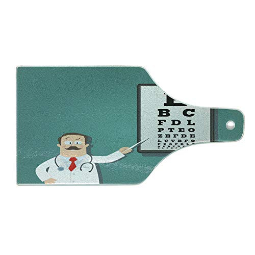 Ambesonne Eye Chart Cutting Board- Presentation of an Optician Doctor Pointing to a Snellen Post- Decorative Tempered Glass Cutting and Serving Board- Wine Bottle Shape- Dark Seafoam Multicolor