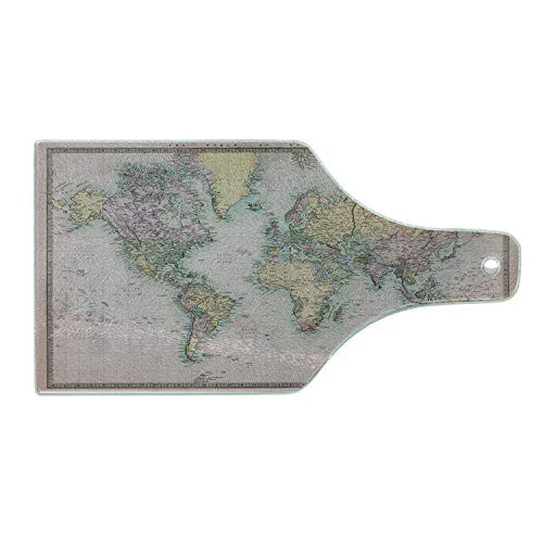 Lunarable World Map Cutting Board- Original Old Hand Colored Map of the World Anthique Chart for Old Emperors Print- Decorative Tempered Glass Cutting and Serving Board- Wine Bottle Shape- Multicolor