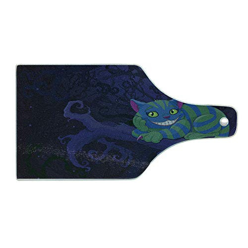 Lunarable Alice in Wonderland Cutting Board- Chester Cat Sitting on Branch Forest Character- Decorative Tempered Glass Cutting and Serving Board- Wine Bottle Shape- Green Blue Purple