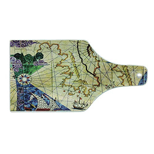Lunarable Compass Cutting Board- Old Nautical Chart Map Historical Territories Geographical Illustration- Decorative Tempered Glass Cutting and Serving Board- Wine Bottle Shape- Beige Navy