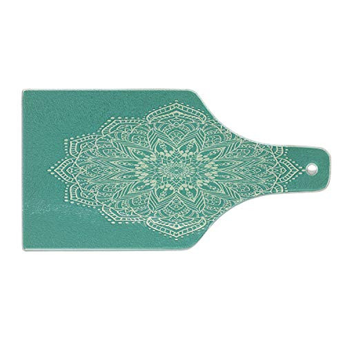 Lunarable Mandala Cutting Board- Eastern Microcosm Chart with Floral Center Point Space Yantra Yoga Image Print- Decorative Tempered Glass Cutting and Serving Board- Wine Bottle Shape- Teal Beige