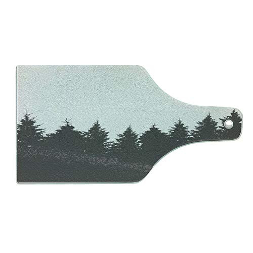 Lunarable Pine Tree Cutting Board- Mother Nature Theme with Pine Trees Silhouette Pattern Monochrome Design- Decorative Tempered Glass Cutting and Serving Board- Wine Bottle Shape- Black and White