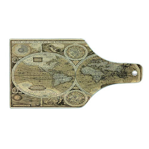 Lunarable World Map Cutting Board- Old Chart with Countries Oceans Continents Atlas Nostalgic Antique Image- Decorative Tempered Glass Cutting and Serving Board- Wine Bottle Shape- Sand Brown Umber