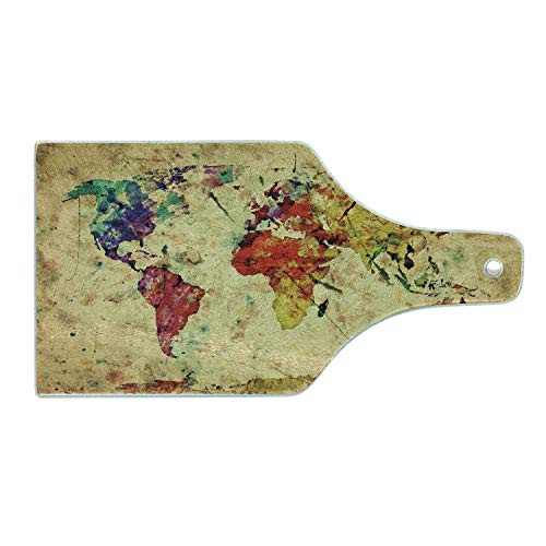 Lunarable Retro Cutting Board- Vintage World Map on Grunge Backdrop with Colored Continents Atlas Chart Image- Decorative Tempered Glass Cutting and Serving Board- Wine Bottle Shape- Multicolor