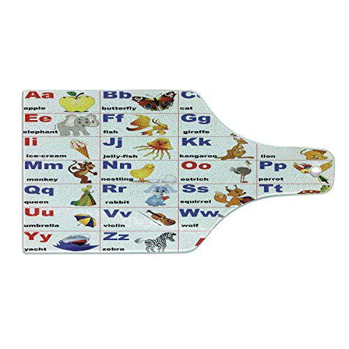 Ambesonne Cartoon Cutting Board- Animals Placed on Letter the Alphabet Chart Themed Illustration Colorful Print- Decorative Tempered Glass Cutting and Serving Board- Wine Bottle Shape- Multicolor
