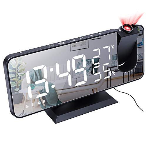 Projection Alarm Clock for Bedroom Ceiling Digital Radio Alarm Clock with USB Phone Charger Dual Alarm Clock with 2 Alarm Sounds/4 Dimmer/180 Rotable/7.3inch Large LED Screen Alarm Clock -White-
