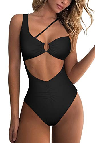QINSEN Monokini Swimsuits for Women One Shoulder Cutout Front High Waisted One Piece Bathing Suit Black M