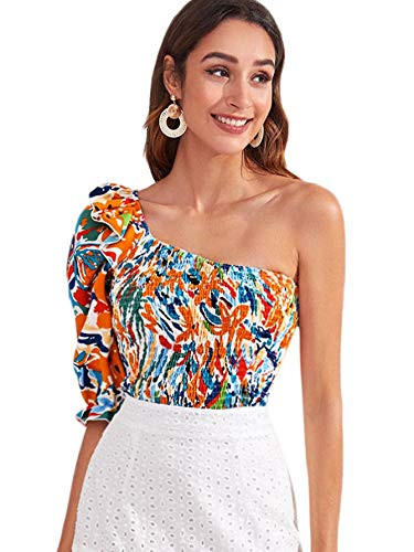 SOLY HUX Women's One Shoulder Puff Short Sleeve Printed Crop Top Blouse Multicoloured S