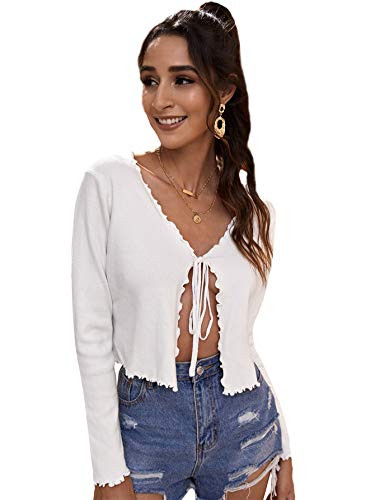 SOLY HUX Women's Tie Up Long Sleeve Lettuce Trim Crop Top Open Front Cardigan Sweaters White M
