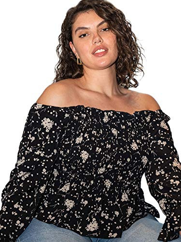 SOLY HUX Women's Plus Size Floral Print Top Off Shoulder Long Sleeve Smocked Ruffle Blouse Black 1XL
