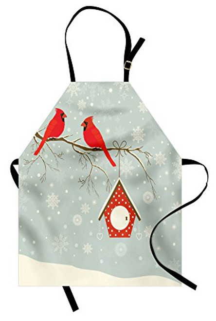Lunarable Cardinal Apron- Birdhouse and Red Cardinals on a Tree Branch on a Snowy Night- Unisex Kitchen Bib Apron with Adjustable Neck for Cooking Baking Gardening- Adult Size- Green Vermilion