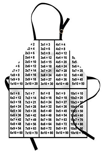 Lunarable Mathematics Room Apron- Calculation Table of Multiplication Algebra Study Chart Count- Unisex Kitchen Bib with Adjustable Neck for Cooking Gardening- Adult Size- Black White