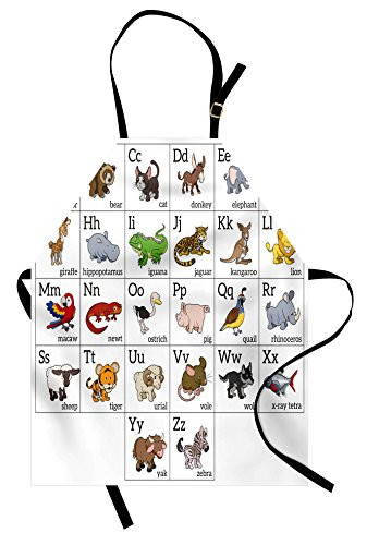 Ambesonne ABC Apron- Alphabet Learning Chart Cartoon Animals Names Letters Upper and Lowercase Print- Unisex Kitchen Bib with Adjustable Neck for Cooking Gardening- Adult Size- Multicolor