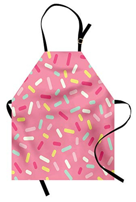 Ambesonne Pink and White Apron- Abstract Pattern of Colorful Donut Sprinkles Tasty Food Bakery Theme- Unisex Kitchen Bib with Adjustable Neck for Cooking Gardening- Adult Size- Pink Yellow