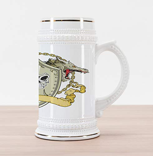 Ambesonne Dragon Beer Stein Mug- Skull on Knights Shield with Dragon Heads and Scroll Medieval Warrior Myth- Traditional Style Decorative Printed Ceramic Large Beer Mug Stein- Yellow White