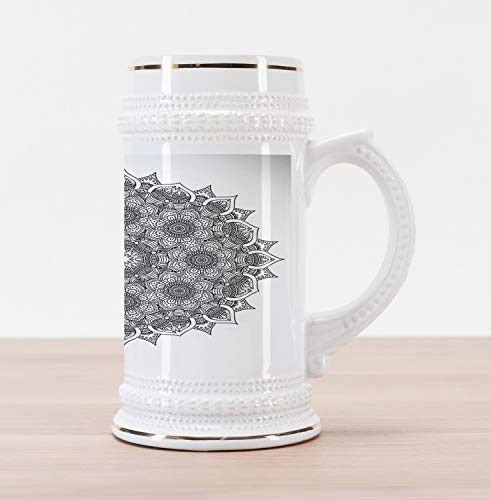 Ambesonne Mandala Beer Stein Mug- Flower and Leaf Old Ottoman Mandala Chart Life Web Meditation Print- Traditional Style Decorative Printed Ceramic Large Beer Mug Stein- Black White