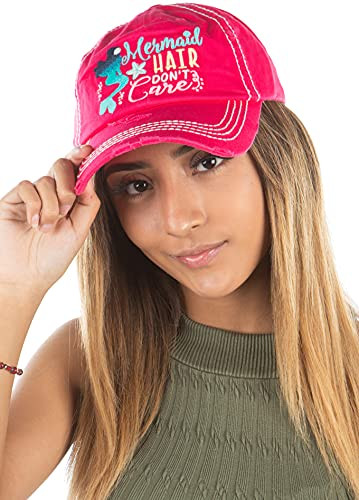 Distressed Patch Hat- Mermaid Hair Dont Care - Hot Pink