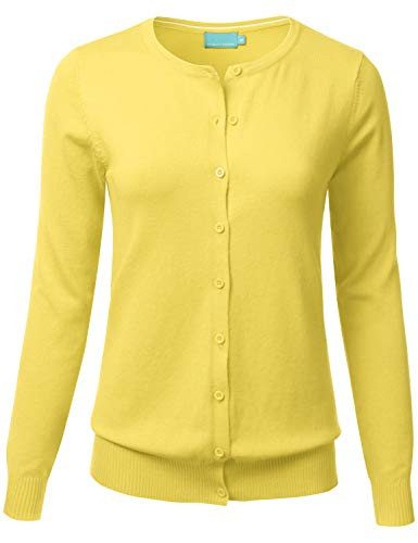 FLORIA Women's Button Down Crew Neck Long Sleeve Soft Knit Cardigan Sweater Yellow L