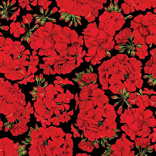 Timeless Treasures Front Porch Allover Geraniums Black Fabric by The Yard