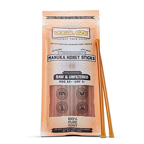 Vocal Eze Manuka Honey Sticks -20- Raw and Unfiltered Monofloral from New Zealand UMFPlus 5 -MGO 83Plus- | Convenient for Sore- Hoarse- Fatigue- Dryness of Throat and Voice Support Vocal Eze Manuka Honey Sticks -20- Raw and Unfiltered Monofloral from New Zealand UMFPlus 5 -MGO 83Plus- | Convenient for Sore- Hoarse- Fatigue- Dryness of Throat and Voice Support