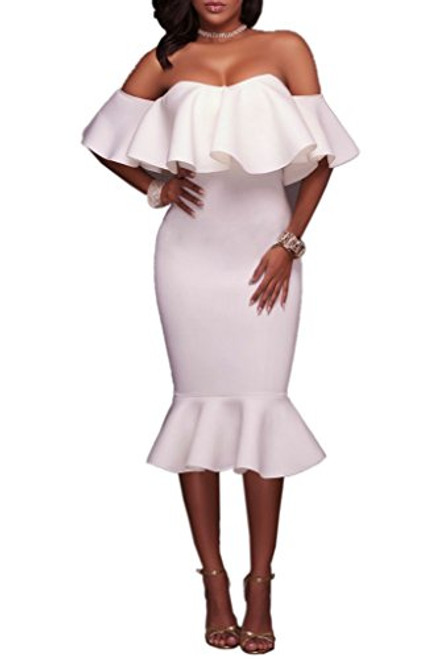 Wonderoy Women's Off Shoulder Ruffle Club Evening Party Bodycon Mermaid Midi Dress S White Wonderoy Women's Off Shoulder Ruffle Club Evening Party Bodycon Mermaid Midi Dress S White