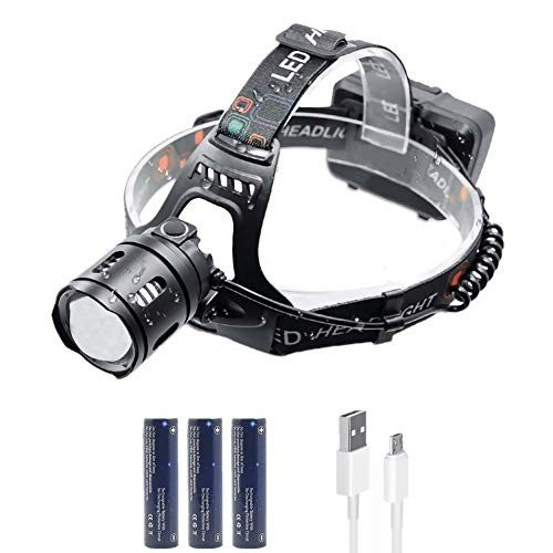 WASAGA Head Torch- 2000/5000 Lumen Zoomable Rechargeable LED Headlamp Headlight Flashlight- Waterproof Adjustable LED Headlamp- Perfect for Running- Camping -5000 Lumen-