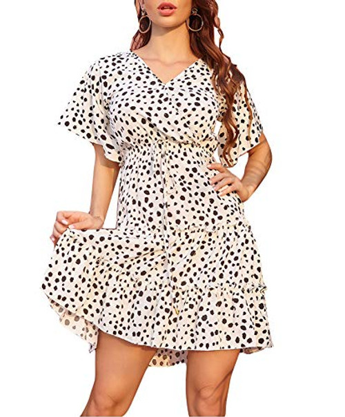 Ophestin Womens Floral Print Ruffle Short Sleeve Loose Swing Midi Dress Summer White Black- Size S