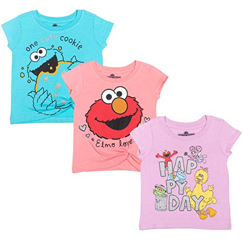 Sesame Street Elmo Cookie Monster Big Bird Little Girls 3 Pack T-Shirt 6-6X Pink/Blue