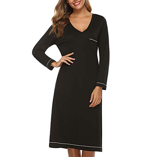 Women's Nightgown Long Sleeve Sleepwear Comfy Sleep Shirt Scoopneck Nightshirt Black M